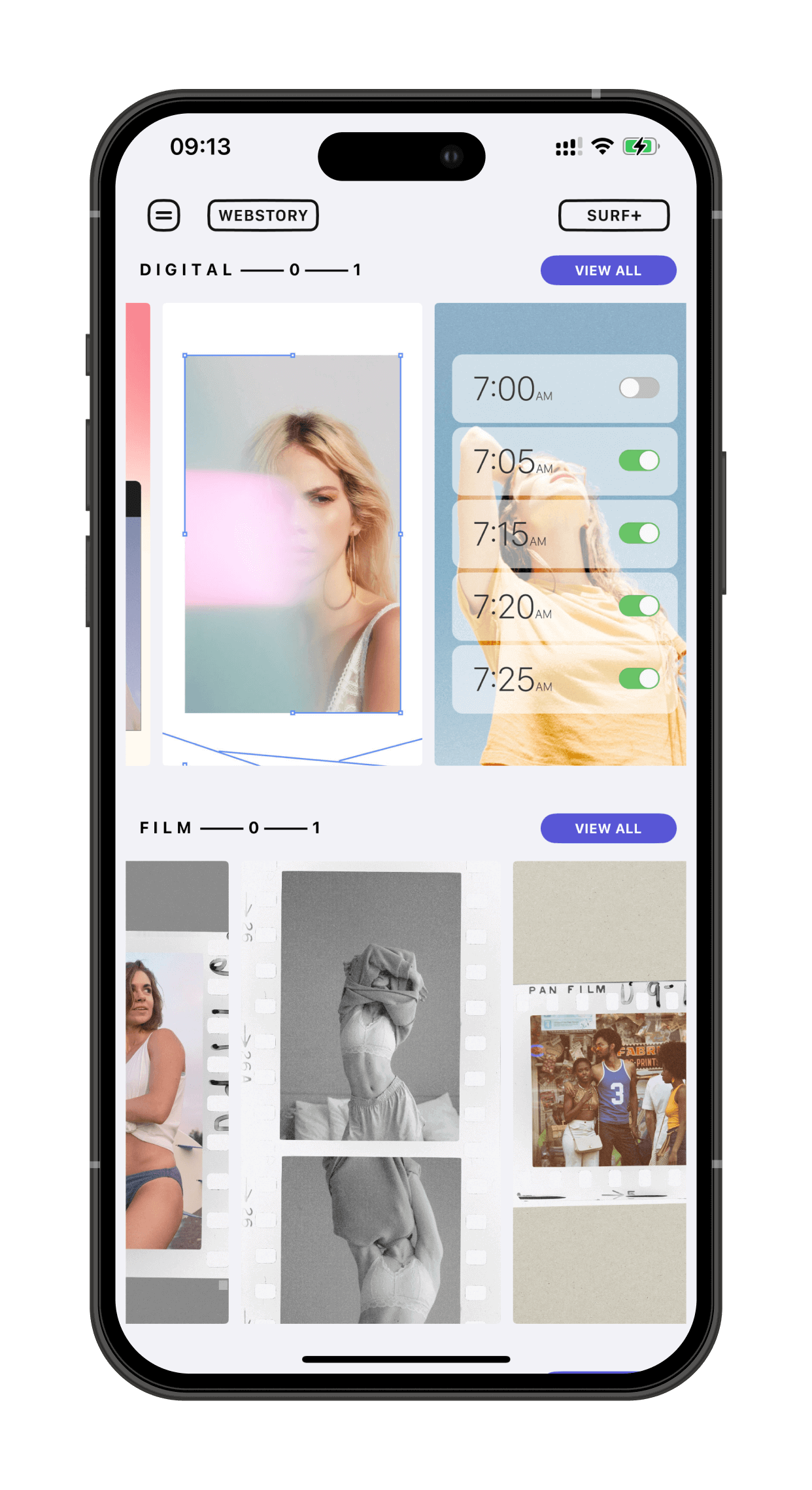 Surf app hero screen showing vertical 9:16 social story templates